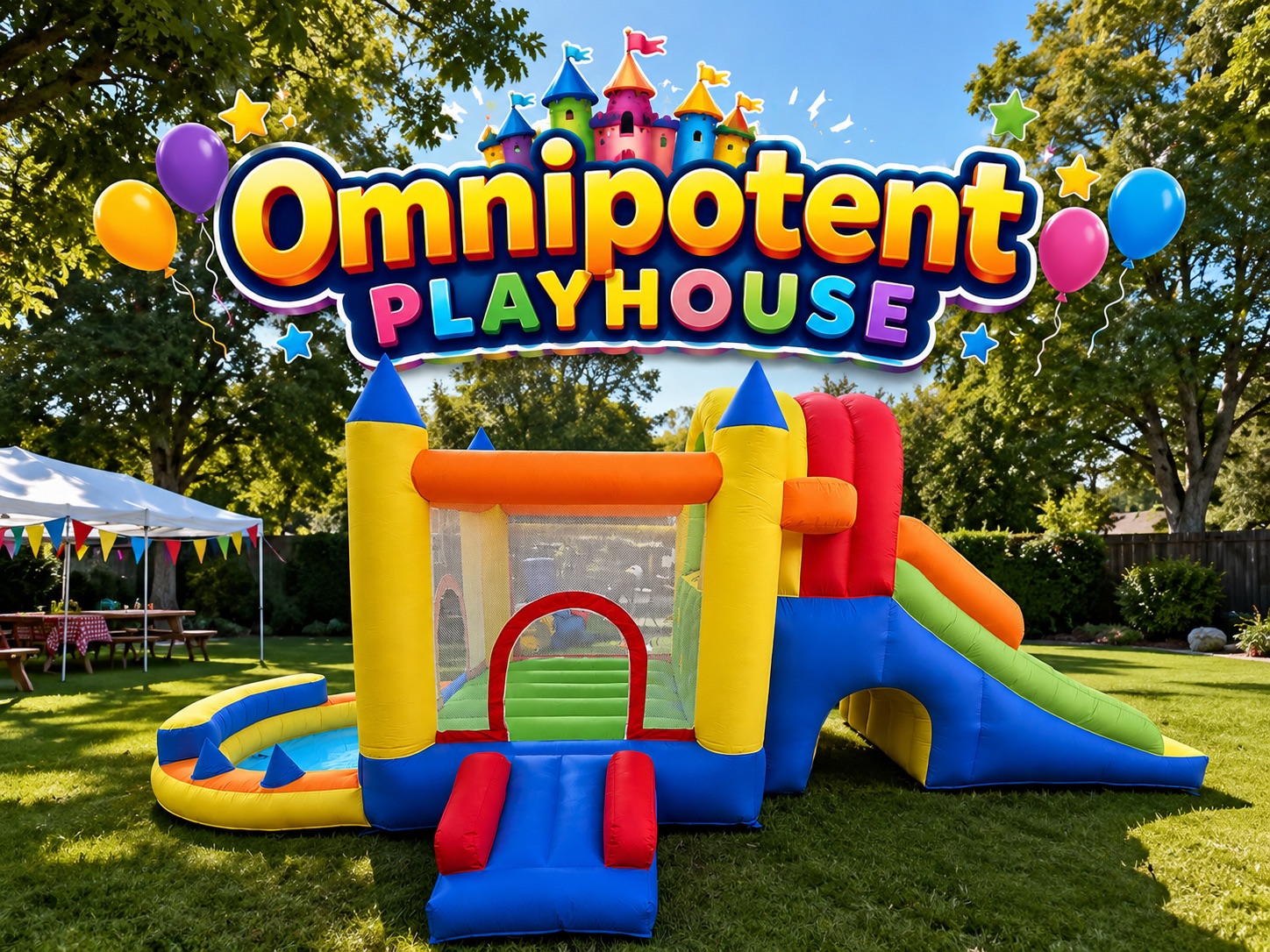 Omnipotent Playhouse toddler bounce house rental in a sunny South Florida backyard